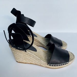 Vince Black Leather Open Toe Espadrilles Wedges